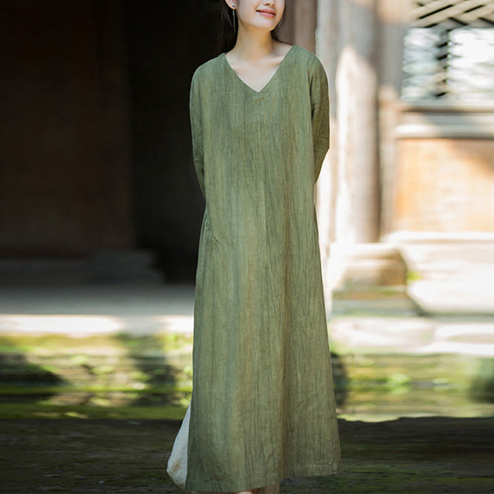 Buddha Stones Solid Color Chinese V-neck Long Sleeve Ramie Linen Midi Dress