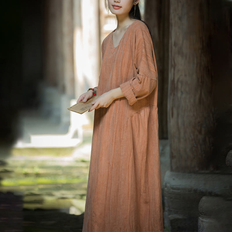 Buddha Stones Solid Color Chinese V-neck Long Sleeve Ramie Linen Midi Dress - image 26
