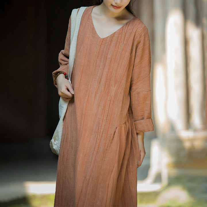 Buddha Stones Solid Color Chinese V-neck Long Sleeve Ramie Linen Midi Dress