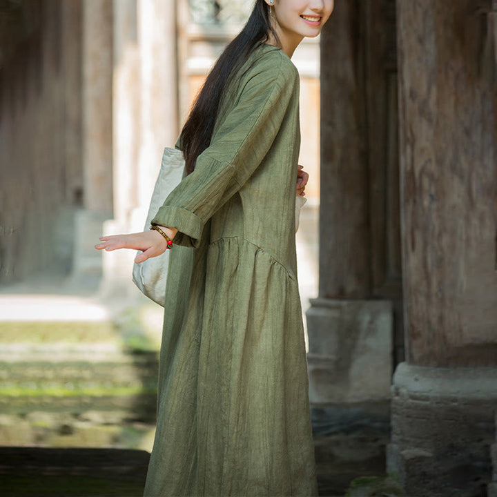 Buddha Stones Solid Color Chinese V-neck Long Sleeve Ramie Linen Midi Dress