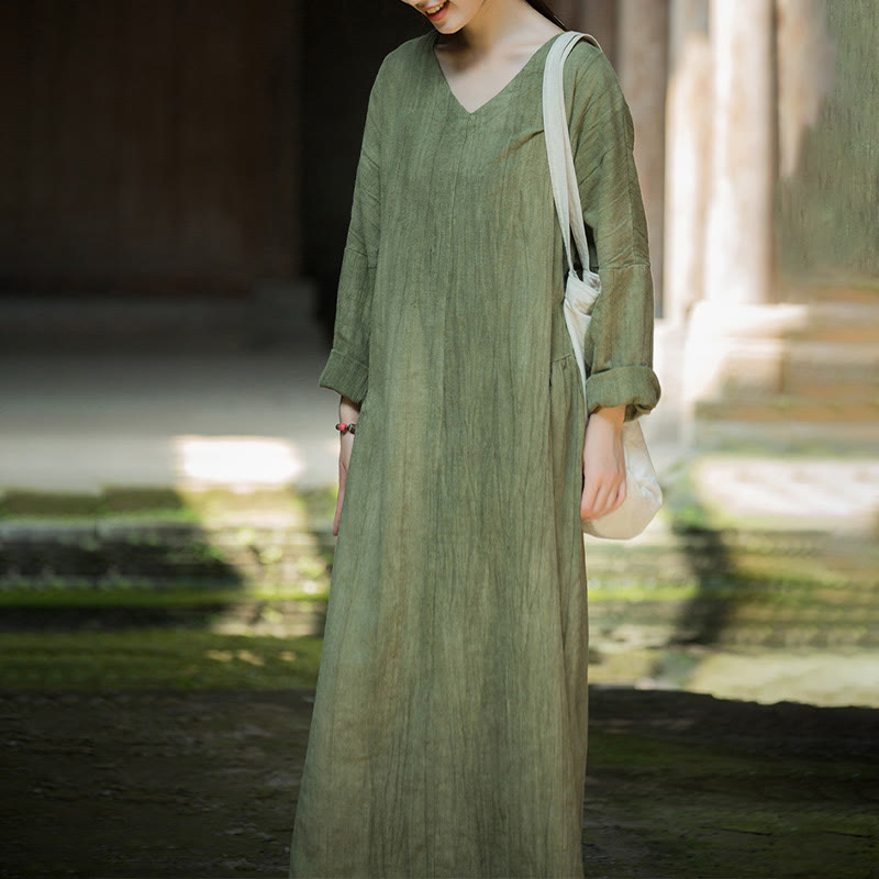 Buddha Stones Solid Color Chinese V-neck Long Sleeve Ramie Linen Midi Dress - image 1