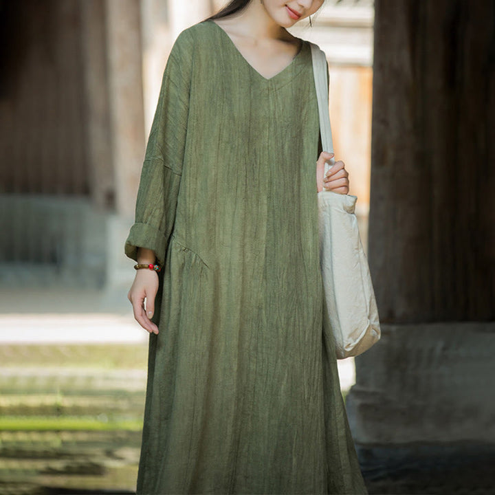 Buddha Stones Solid Color Chinese V-neck Long Sleeve Ramie Linen Midi Dress - image 6