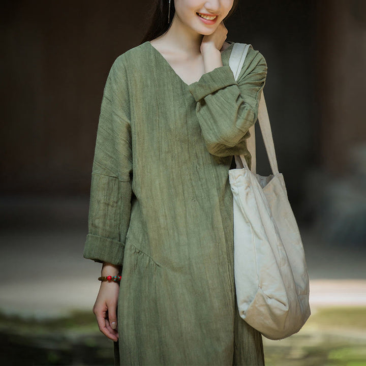 Buddha Stones Solid Color Chinese V-neck Long Sleeve Ramie Linen Midi Dress - image 10