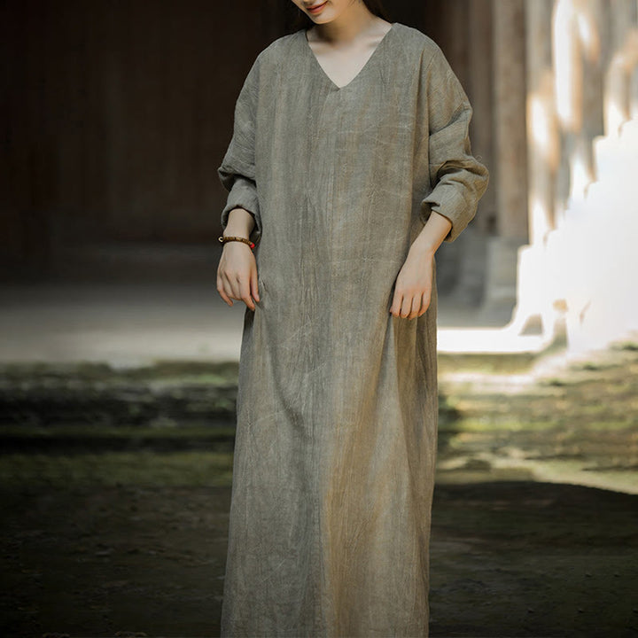 Buddha Stones Solid Color Chinese V-neck Long Sleeve Ramie Linen Midi Dress