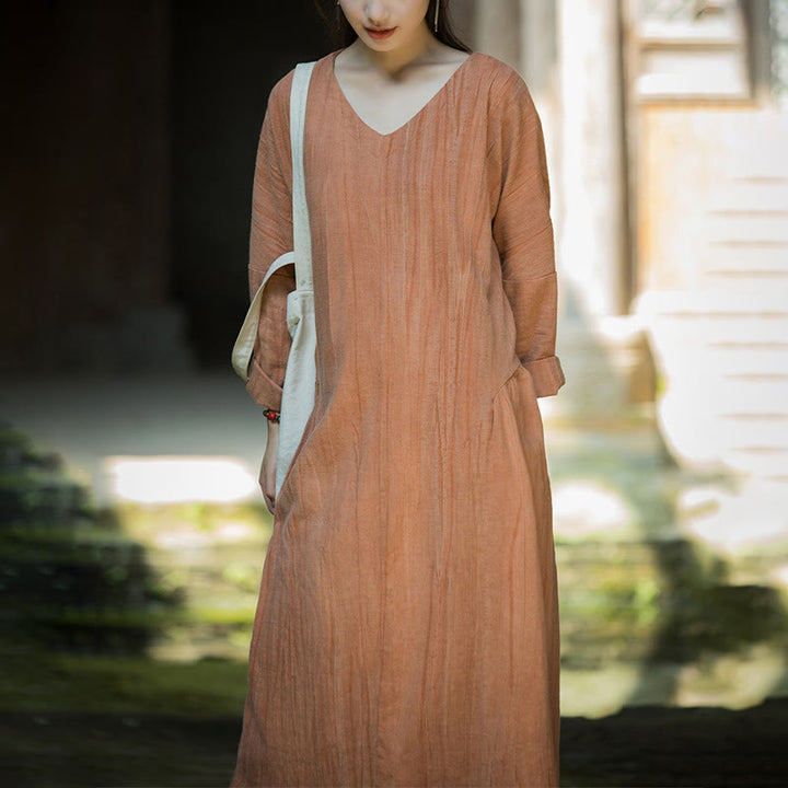 Buddha Stones Solid Color Chinese V-neck Long Sleeve Ramie Linen Midi Dress - image 28