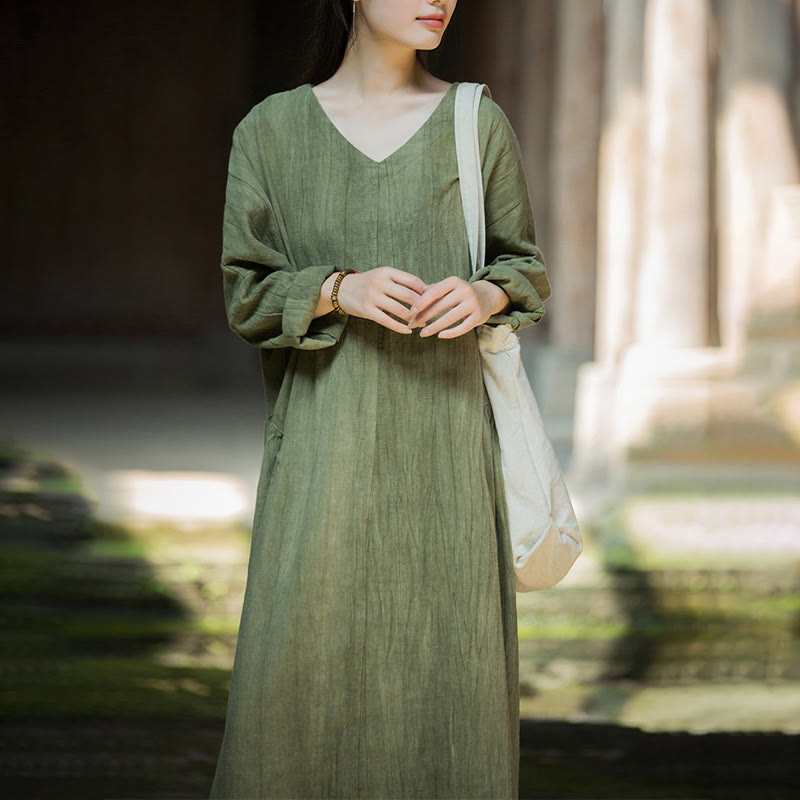 Buddha Stones Solid Color Chinese V-neck Long Sleeve Ramie Linen Midi Dress