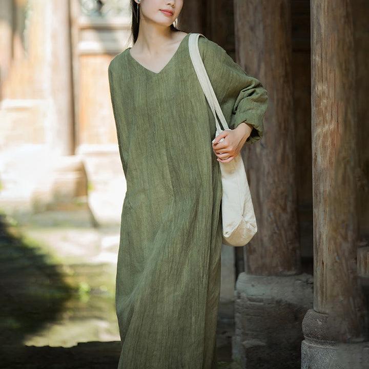 Buddha Stones Solid Color Chinese V-neck Long Sleeve Ramie Linen Midi Dress - image 2