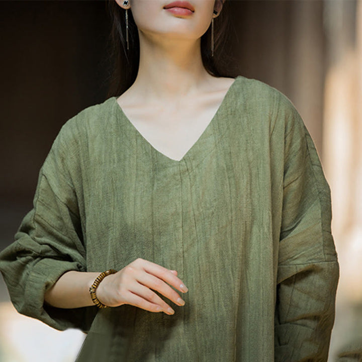 Buddha Stones Solid Color Chinese V-neck Long Sleeve Ramie Linen Midi Dress