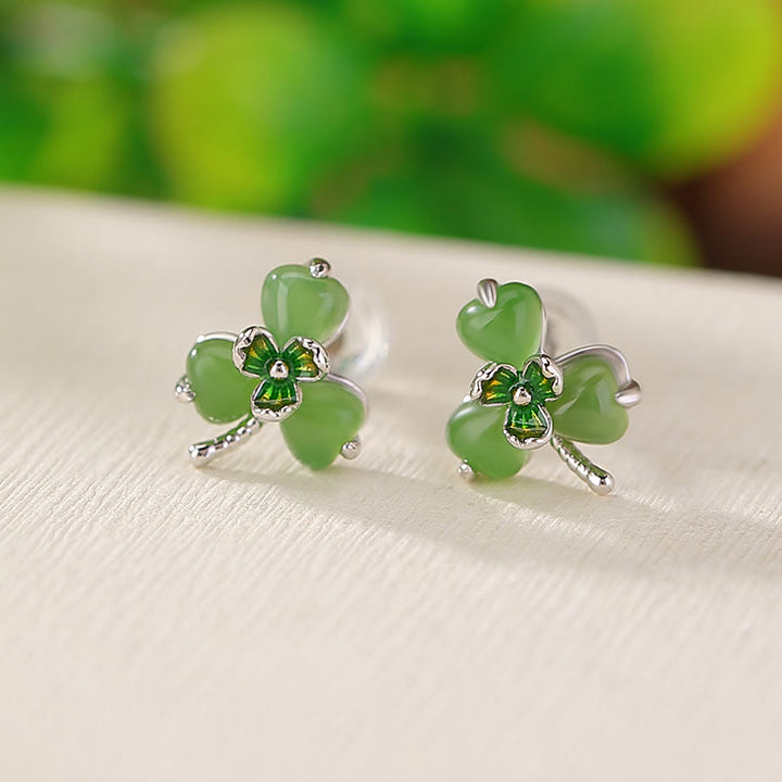 Buddha Stones 925 Sterling Silver Enamel Hetian Jade Shamrock Luck Earrings