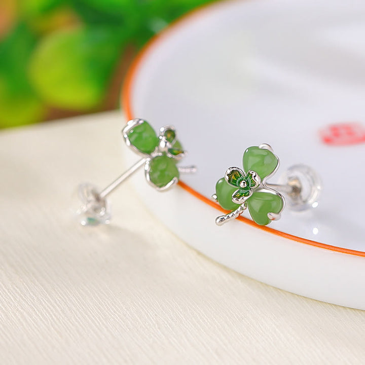 Buddha Stones 925 Sterling Silver Enamel Hetian Jade Shamrock Luck Earrings