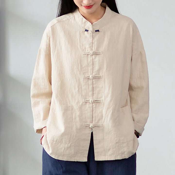 Buddha Stones Solid Color Frog-button Long Sleeve Linen Women's Shirts With Pockets