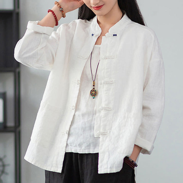 Buddha Stones Solid Color Frog-button Long Sleeve Linen Women's Shirts With Pockets