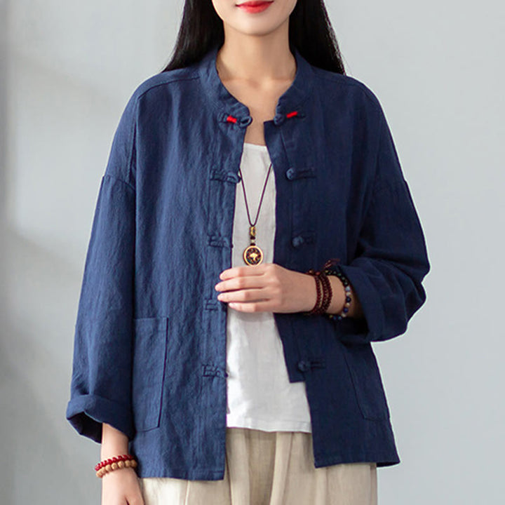 Buddha Stones Solid Color Frog-button Long Sleeve Linen Women's Shirts With Pockets