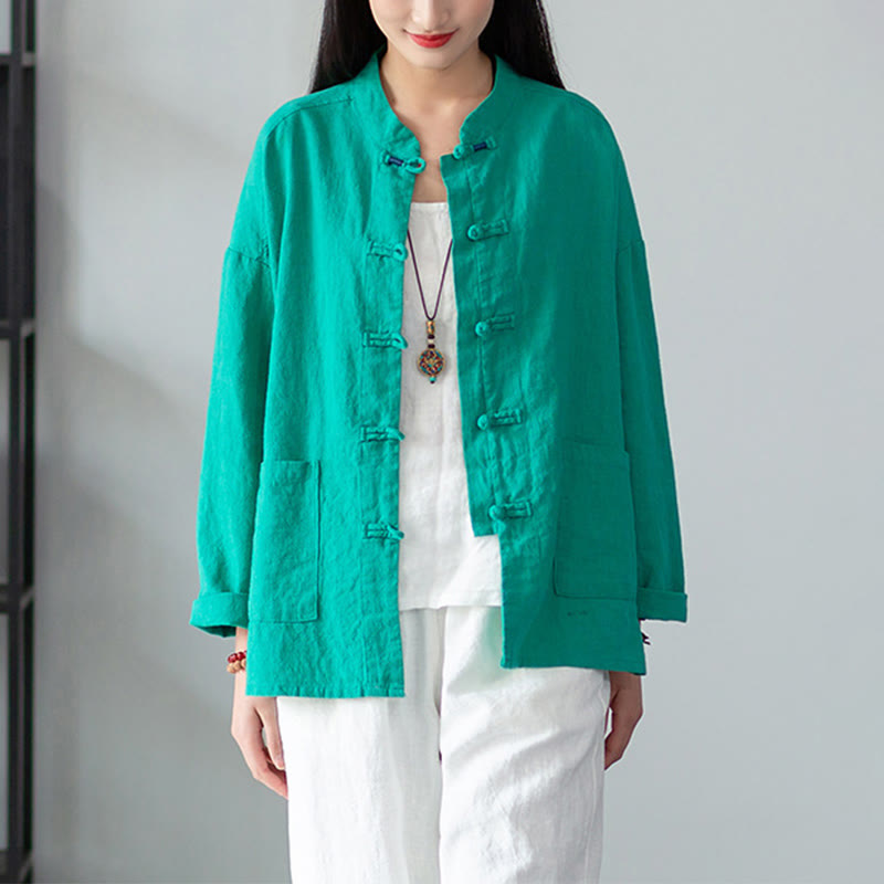 Buddha Stones Solid Color Frog-button Long Sleeve Linen Women's Shirts With Pockets