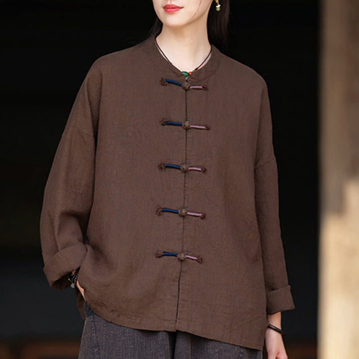 Buddha Stones Solid Color Two-color Frog-button Long Sleeve Ramie Linen Women's Shirt - SaddleBrown - US4-12，UK/AU8-16，EU36-44 (F) - image 9