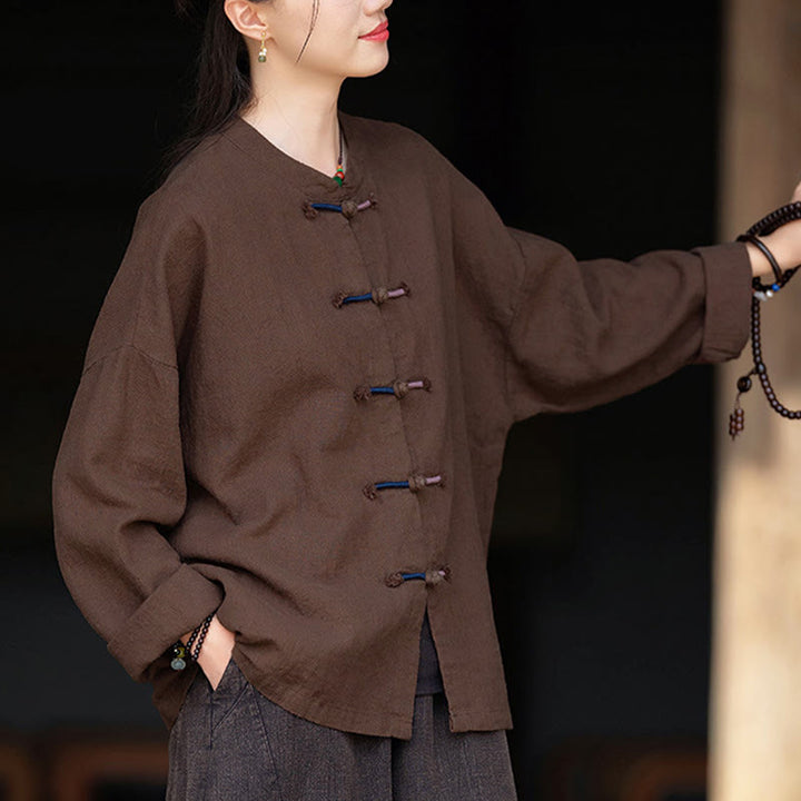 Buddha Stones Solid Color Two-color Frog-button Long Sleeve Ramie Linen Women's Shirt - image 11