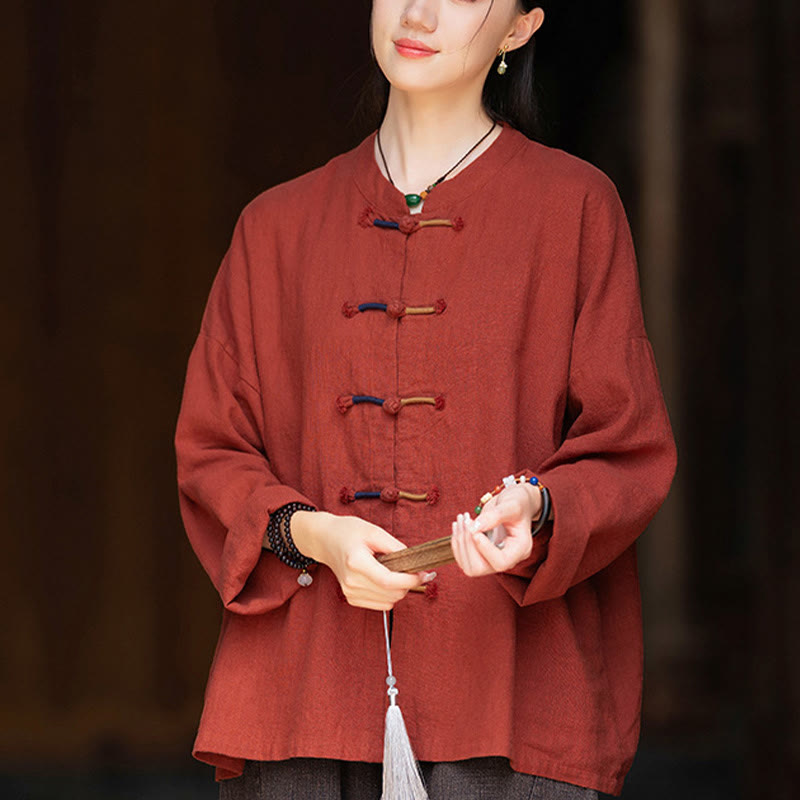 Buddha Stones Solid Color Two-color Frog-button Long Sleeve Ramie Linen Women's Shirt