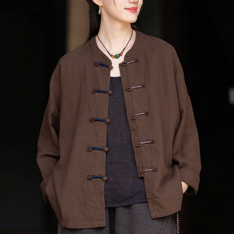 Buddha Stones Solid Color Two-color Frog-button Long Sleeve Ramie Linen Women's Shirt - image 16