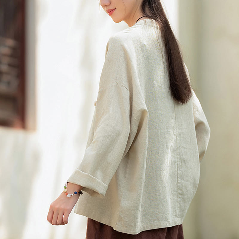 Buddha Stones Solid Color Two-color Frog-button Long Sleeve Ramie Linen Women's Shirt