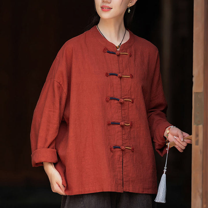 Buddha Stones Solid Color Two-color Frog-button Long Sleeve Ramie Linen Women's Shirt