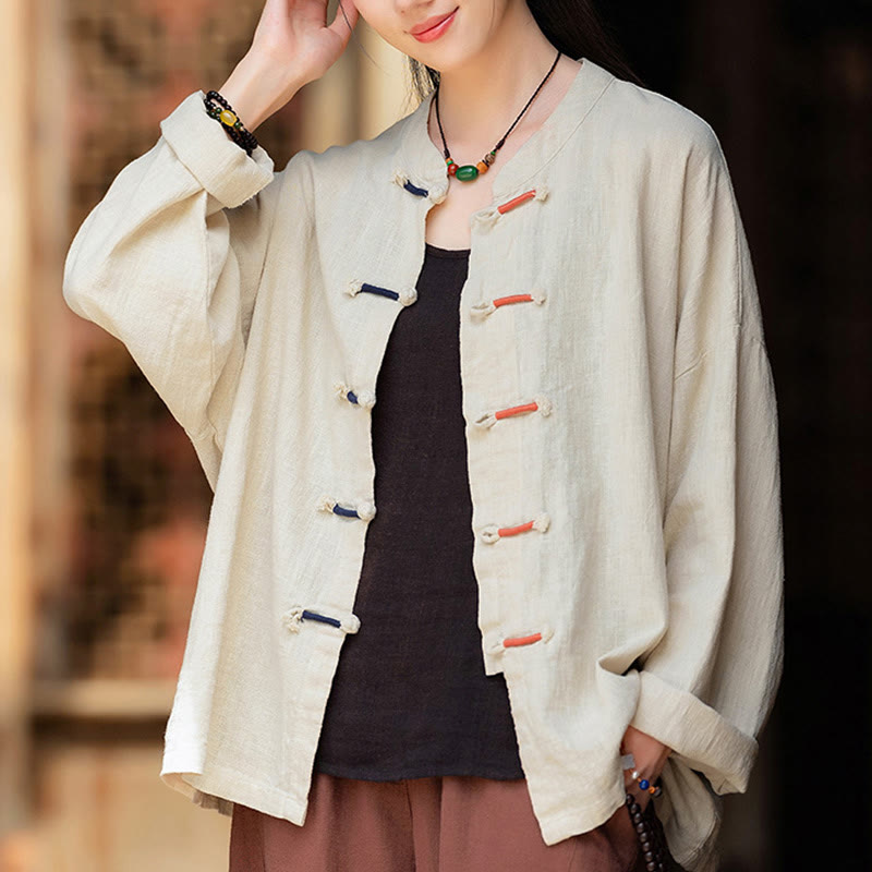 Buddha Stones Solid Color Two-color Frog-button Long Sleeve Ramie Linen Women's Shirt - image 7
