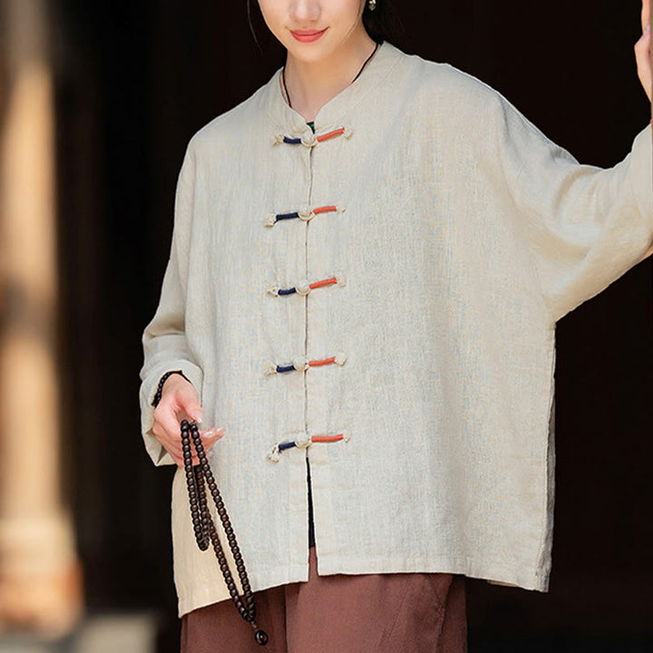 Buddha Stones Solid Color Two-color Frog-button Long Sleeve Ramie Linen Women's Shirt