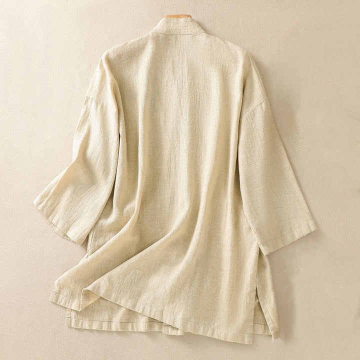 Buddha Stones Solid Color Cardigan Long Sleeve Cotton Linen Women's Shirts