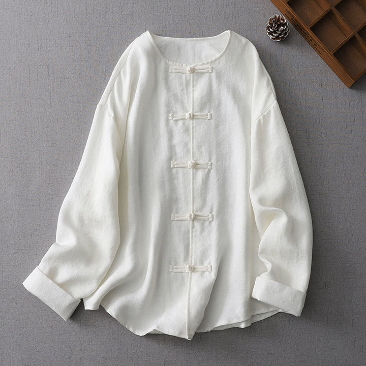 Buddha Stones Solid Color Button Long Sleeve Women's Shirt - White - US8-10，UK/AU12-14，EU40-42 (L) - image 0