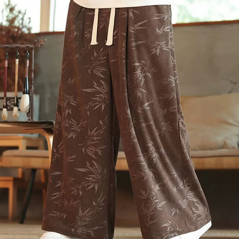 Buddha Stones Bamboo Leaves Corduroy Drawstring Cotton Men's Wide Leg Pants With Pockets