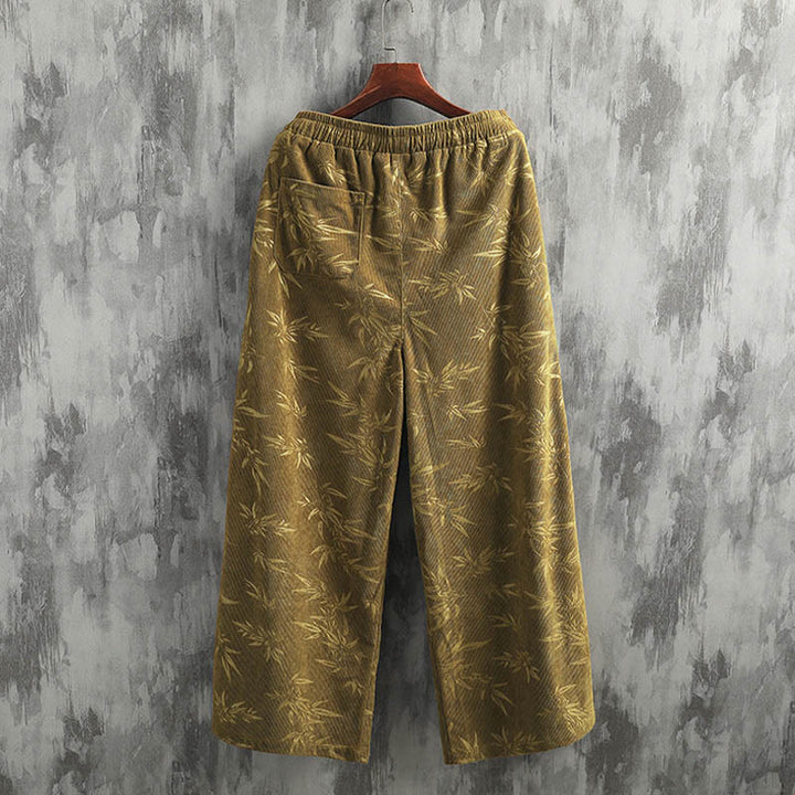 Buddha Stones Bamboo Leaves Corduroy Drawstring Cotton Men's Wide Leg Pants With Pockets - image 5