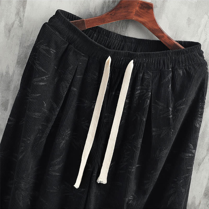 Buddha Stones Bamboo Leaves Corduroy Drawstring Cotton Men's Wide Leg Pants With Pockets - image 15