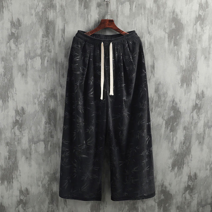 Buddha Stones Bamboo Leaves Corduroy Drawstring Cotton Men's Wide Leg Pants With Pockets - image 14