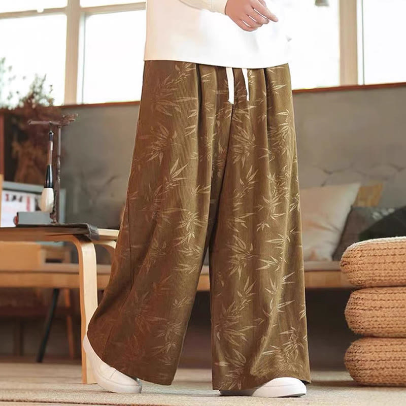 Buddha Stones Bamboo Leaves Corduroy Drawstring Cotton Men's Wide Leg Pants With Pockets