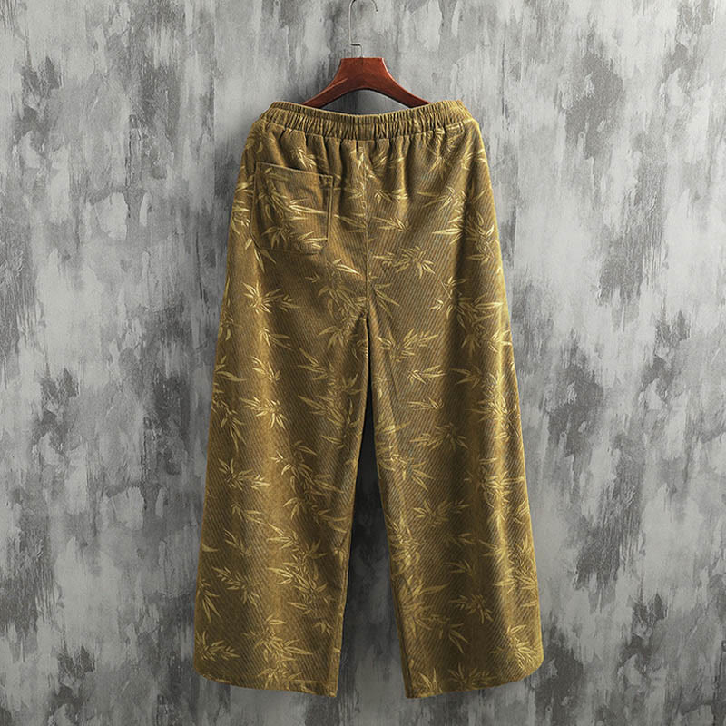 Buddha Stones Bamboo Leaves Corduroy Drawstring Cotton Men's Wide Leg Pants With Pockets - image 5