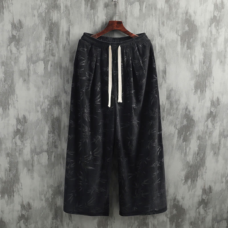 Buddha Stones Bamboo Leaves Corduroy Drawstring Cotton Men's Wide Leg Pants With Pockets - image 14