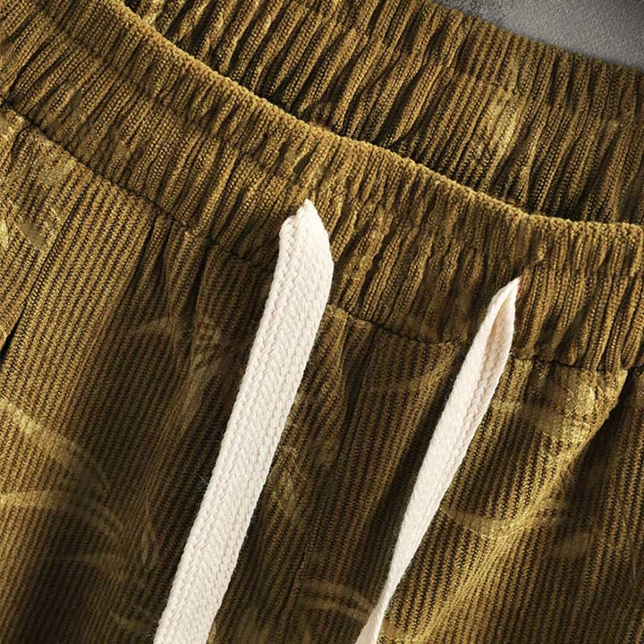 Buddha Stones Bamboo Leaves Corduroy Drawstring Cotton Men's Wide Leg Pants With Pockets - image 7