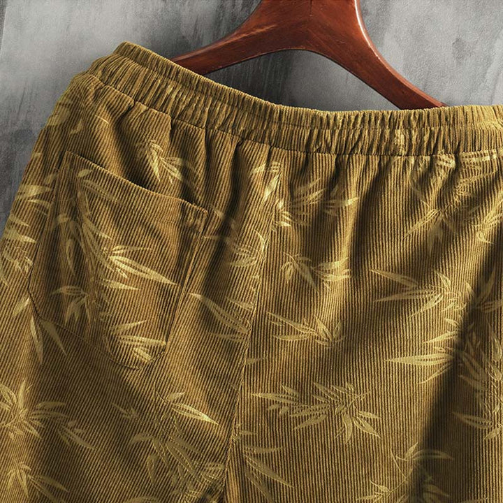 Buddha Stones Bamboo Leaves Corduroy Drawstring Cotton Men's Wide Leg Pants With Pockets - image 11