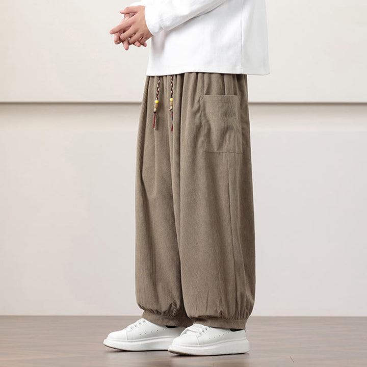Buddha Stones Solid Color Corduroy Drawstring Men's Harem Pants With Pockets - image 25