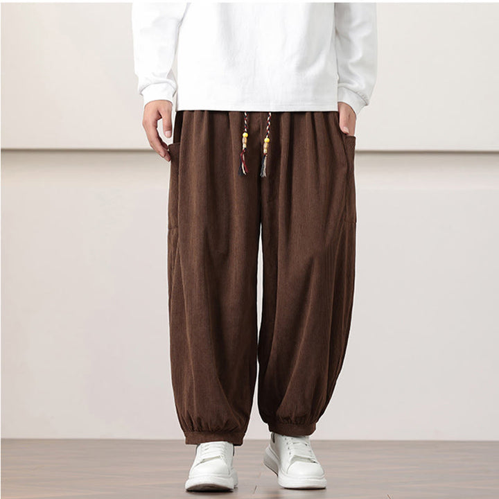 Buddha Stones Solid Color Corduroy Drawstring Men's Harem Pants With Pockets - image 40