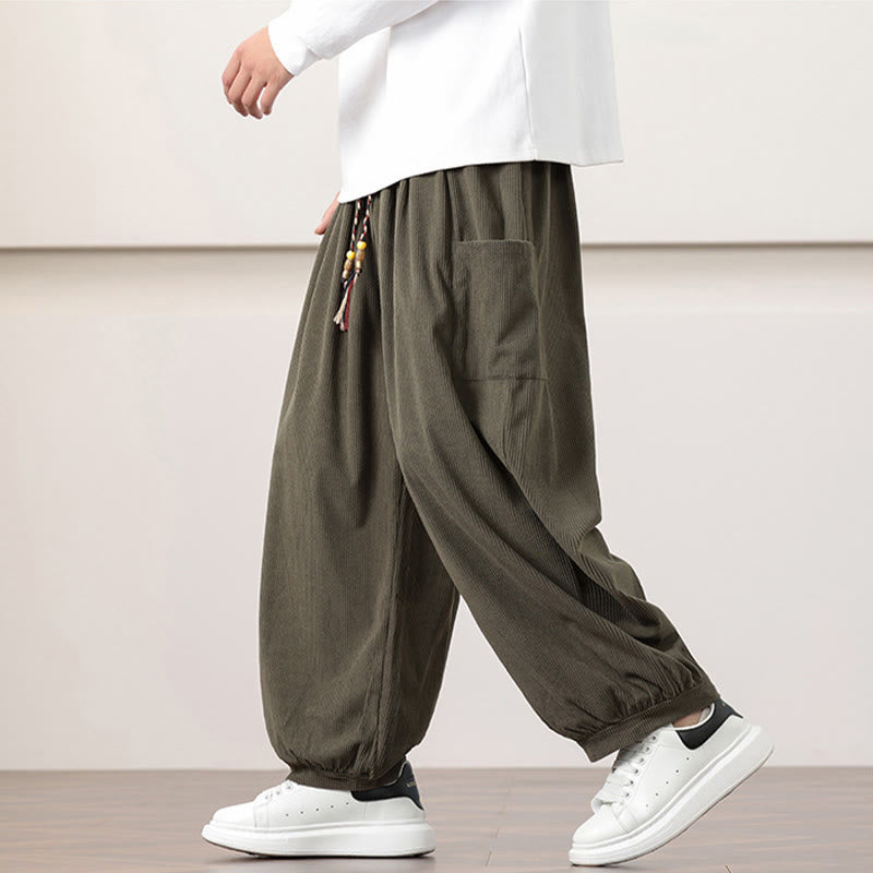 Buddha Stones Solid Color Corduroy Drawstring Men's Harem Pants With Pockets - image 8