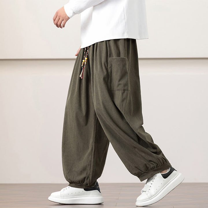 Buddha Stones Solid Color Corduroy Drawstring Men's Harem Pants With Pockets - image 8