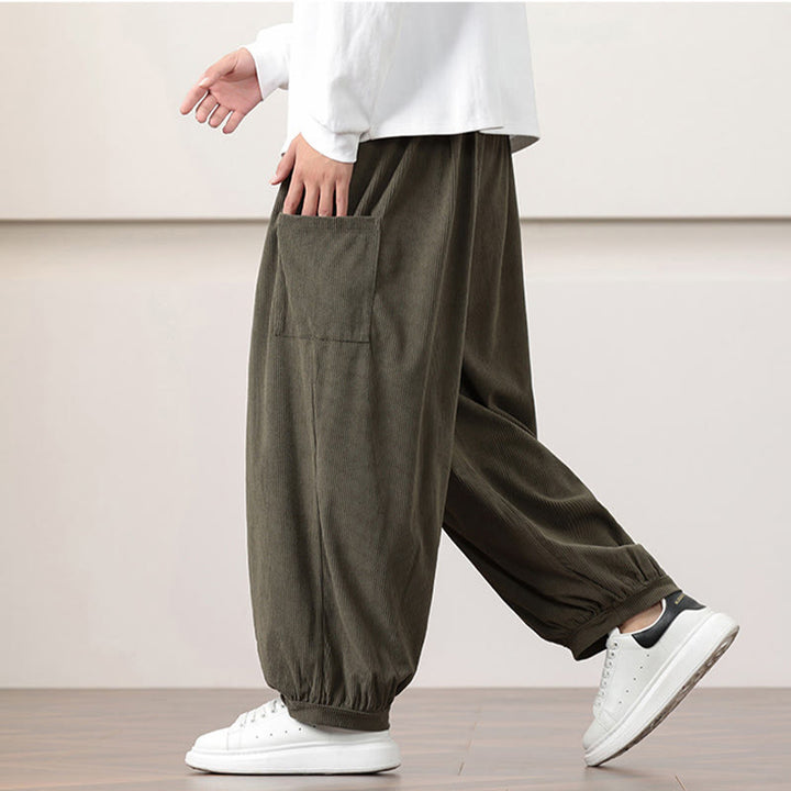 Buddha Stones Solid Color Corduroy Drawstring Men's Harem Pants With Pockets - image 6