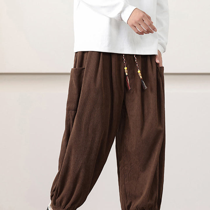 Buddha Stones Solid Color Corduroy Drawstring Men's Harem Pants With Pockets - image 43