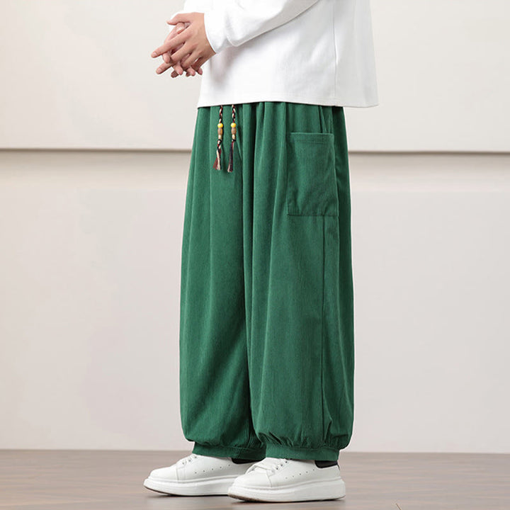 Buddha Stones Solid Color Corduroy Drawstring Men's Harem Pants With Pockets - image 31