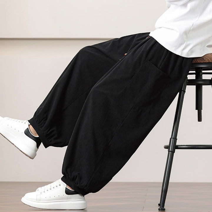 Buddha Stones Solid Color Corduroy Drawstring Men's Harem Pants With Pockets - image 17