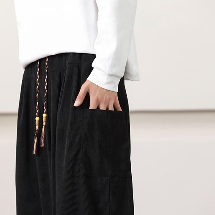 Buddha Stones Solid Color Corduroy Drawstring Men's Harem Pants With Pockets - image 19