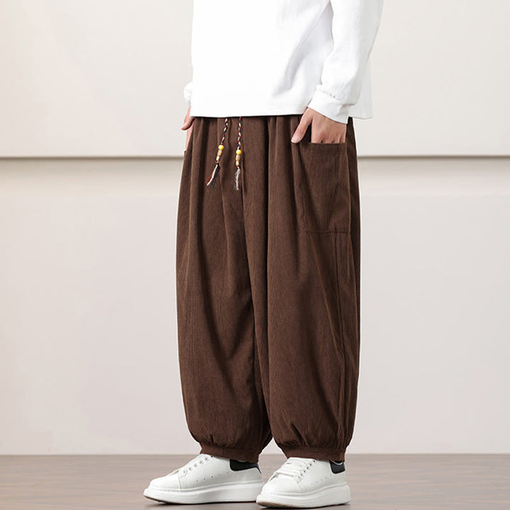 Buddha Stones Solid Color Corduroy Drawstring Men's Harem Pants With Pockets - image 39