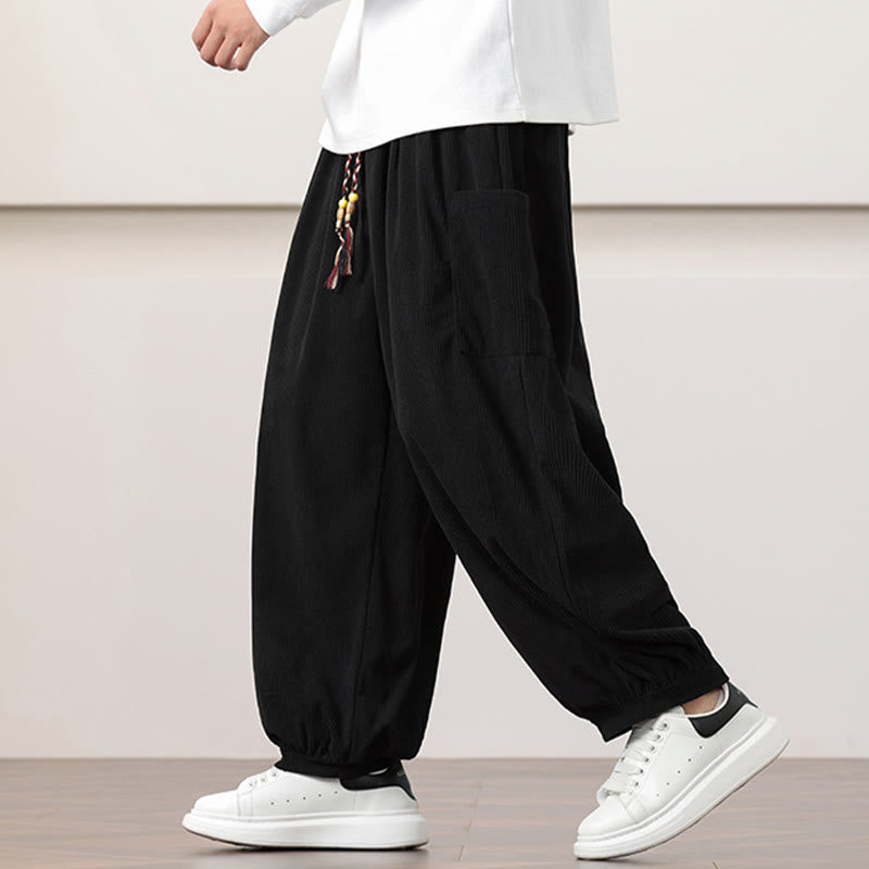 Buddha Stones Solid Color Corduroy Drawstring Men's Harem Pants With Pockets - image 14