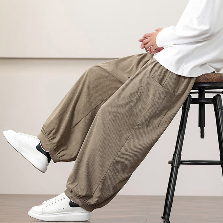 Buddha Stones Solid Color Corduroy Drawstring Men's Harem Pants With Pockets - image 28