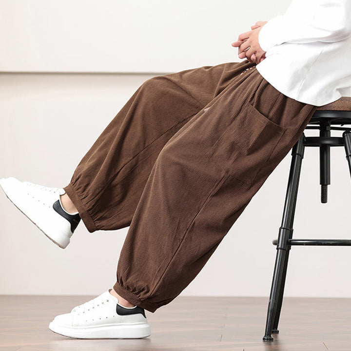 Buddha Stones Solid Color Corduroy Drawstring Men's Harem Pants With Pockets - image 44
